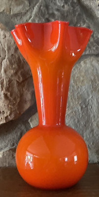 Mid Century Art Glass Vase Ruffle Top Orange 12