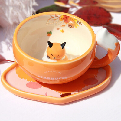 New China Starbucks 2021 Mid-fall Fox Tail Mug Set Saucer 12oz Ceramic Cup-image