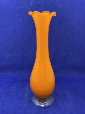 Bright Orange Mid Century Scalloped Hand Blown Glass Vase On Pedistal-image