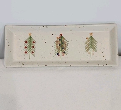 Creative Co-Op Speckled Hand Painted Stoneware Platter Christmas Trees FARMHOUSE-image