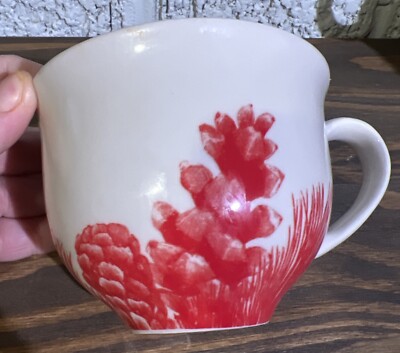 Creative Co-Op Stoneware Mug Red Winter Pinecone Pine Needle Design Pot Belly-image
