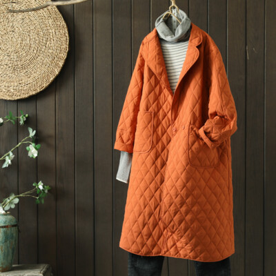 Women Quilted Jacket Coat Mid-length Lapel Collar Padded Parka Outerwear-image