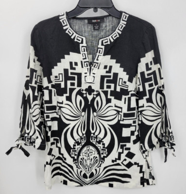 Style and Co Top Womens 4 Black White Artsy Print Linen Embroidered Boho Artsy-image
