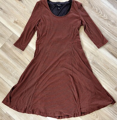 Large Brown Orange Stripe Dress Autumn Fall Winter Cozy Fit & Flare Lined-image