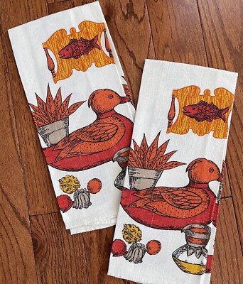 Set of 2 Vintage Linen Tea Towels Ducks Mid Century Orange, New -image