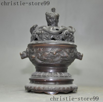 Old Chinese bronze Temple Joss Dragon beast Fish Statue Incense Burner Censer-image