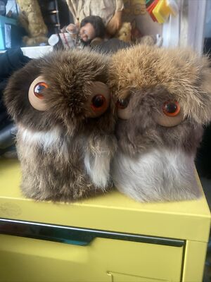 Vintage Mid Century Real Fur Wooden & Orange Plastic Eyes - Pair Of Cute Owls 6”-image