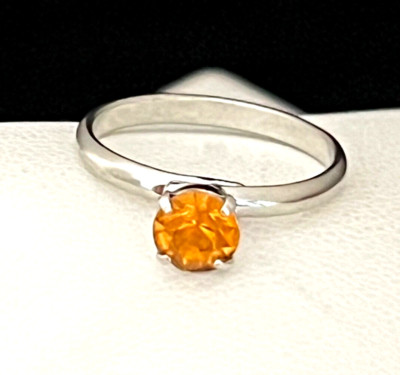 Vintage Costume Ring Silver Tone Prong Set Orange Crystal Mid Century Modern 4J-image