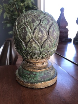 Carved Wood Artichoke Finial Distressed 7