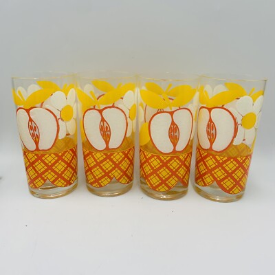 FANTASTIC set of 4 Mid Century MOD Retro drinking glasses Apple Flower Checker -image