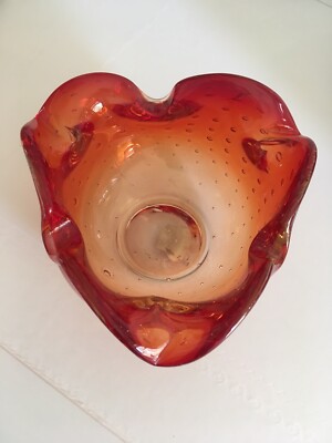 Vintage OMBRE ORANGE Art Glass Bowl Ashtray Mid Century HAND BLOWN Bubbles-image