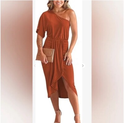Burnt Orange Asymmetrical 1 Shoulder Dress By Fashion Ruching In Front Small NWT-image
