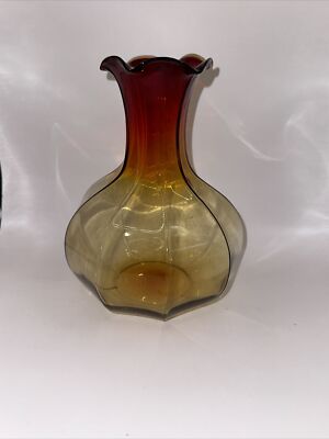 Vtg Mid Century Indiana Glass Amberina Orange 9 Sided Glass Vase 8