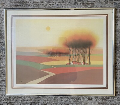 VTG USA Print Victor Santoyo Landscape Framed Mid Century FOLK Country Orange-image