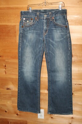 Womens TRUE RELIGION Thick Orange Gold Stitch Flap 33x31 Embossed Buttons GUC-image