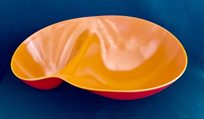 Mid Century Modern Style Large Orange Dual Serving Bowl 14”  Wide X 4 3/8” Tall-image