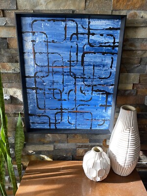 Mid Century Modern Abstract Art Acrylic Painting Blue Orange Black-image