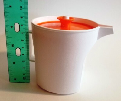Vtg MCM Tupperware Creamer Pitcher White Orange Push-Button Lid 12 oz Excellent!-image