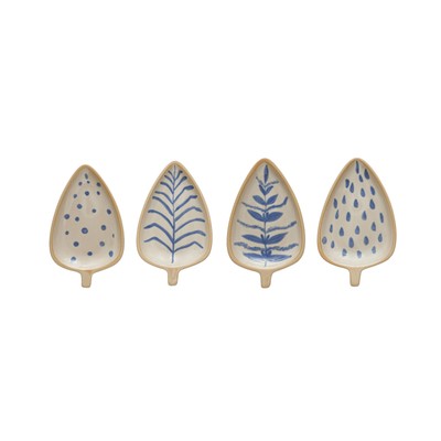 Farmhouse Stoneware Leaf Shaped Painted Designs, Set of 4 Styles, Blue and Iv...-image