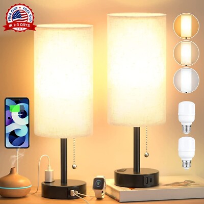 2 Lamparas De Mesa De Noche Luces Retro Gris Con Puerto USB Sala Dormitorio Coci-image