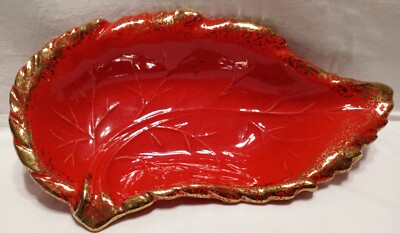 Vtg Orange Leaf Dish Gold Embellished Autumn Fall Calif Orig 594 Halloween READ-image