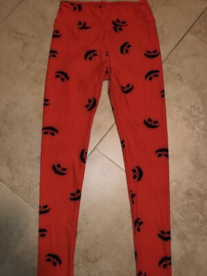 LulaRoe OS Halloween Leggings Navy Jack O Lantern Faces - Reddish Orange - NWOT-image