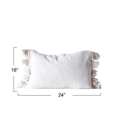 Creative Co-Op Woven Cotton Slub Lumbar Pillow with Tassels,Cream,Hypoallergenic-image