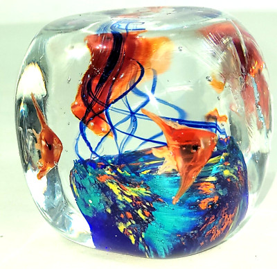 Vtg Mid-Century Handblown Glass Paperweight Sea Scene Orange & Blue 2 1/4