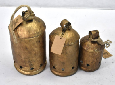 Lot of 3 Creative Co-Op Metal Bells On Jute Rope w Star Cutouts BROKEN BELL-image