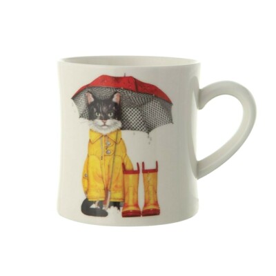 Creative Co-Op 14 oz Coffee Mug with Cat in Rain Gear Umbrella Boots & Coat-image