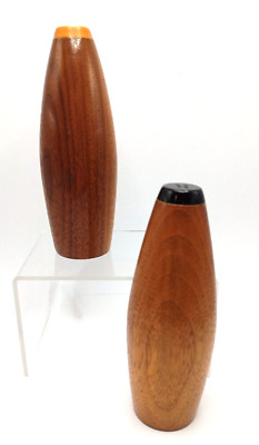 Salt Pepper Shakers MCM Mid Century Modern Wooden Plastic Orange Black Oblong-image
