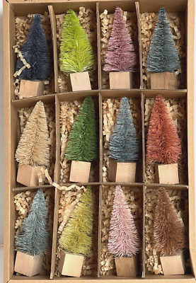 Creative Co-Op Set 12 Bottle Brush Trees Wood Base Blue Green Mauve 3 1/4