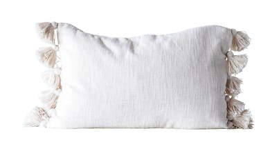 Creative Co-Op Woven Cotton Slub Lumbar Pillow with Tassels, Cream-image
