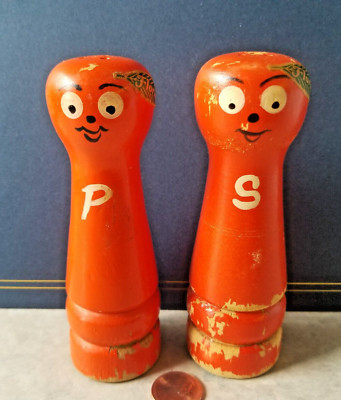 Florida Salt and Pepper Orange Wood Smiley Faces Stoppers Souvenirs Some Damage-image