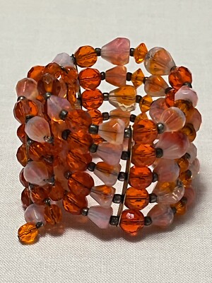Striking mid century 5 strand gold tone orange art glass stretch cuff bracelet-image