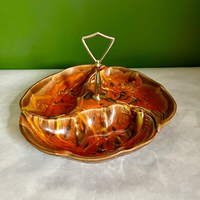 Mid Century Ceramic Nut Candy Dish Drip Glaze Orange Brown MCM Pottery Retro-image