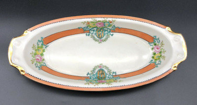 Noritake Oval Serving  Dish Hand Painted Orange Ribbon Floral Design-image