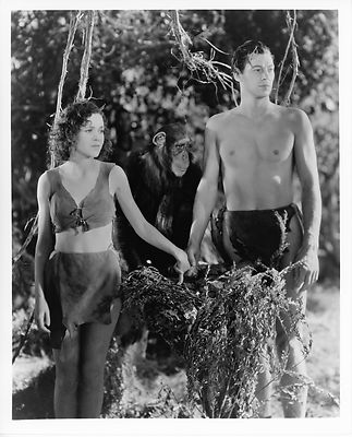JOHNNY WEISSMULLER – MAUREEN O'SULLIVAN – CHEETAH – TARZAN – 80s REPRO PHOTO NM-image