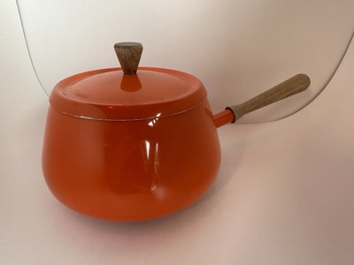 Vintage Fondue Pot Orange Mid Century Wooden Handle MCM Metal-image