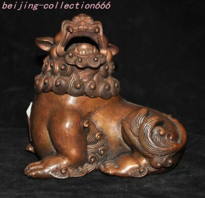 5.6'' bronze wealth animal lion foo dog burn incense joss sticks burner censer-image