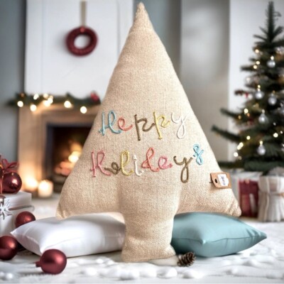 Creative Co-Op 24”x16” Cotton and Jute Tree Shaped Happy Holidays Accent Pillow-image