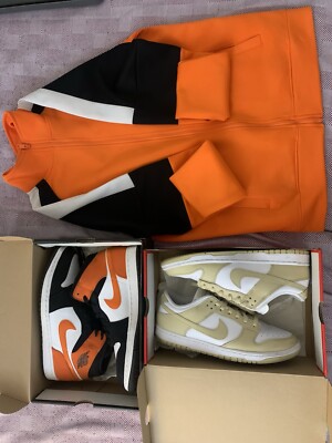 Jordan 1 Mid, Size 11.5, $80); (Team gold Dunk Low, Size 10.5, $80); Jacket $10-image