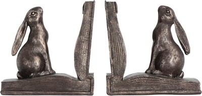Creative Co-Op Decorative Rustic Resin Rabbit on Book Bookends, Bronze Finish -image