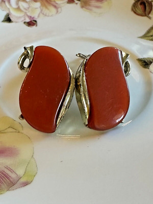 Vtg LISNER Rust Orange Gold Tone Moon Glow Swirl Clip On Earrings Retro Mid-Cent-image