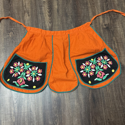 Vintage MCM Mid century  Flowers Cotton Half Apron Scalloped Edges Orange Green-image