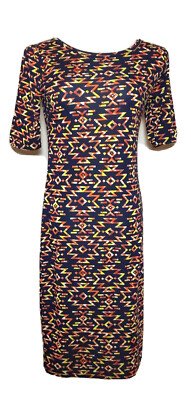 LULAROE Navy Orange Yellow Aztec Print Julia S/S Dress Size S NWT-image
