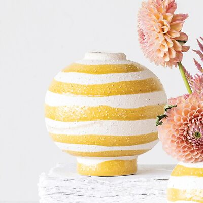 Creative Co-Op Large Striped Stoneware Vase with Sphere Shape and Yellow -image