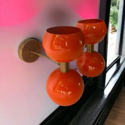 Customizable Orange Double Brass Italian Stilnovo Wall Sconce Mid-Century Modern-image