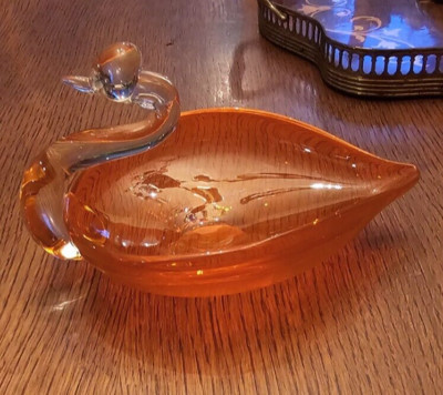 Art Glass Ashtray Swan Clear Orange Glass Mid Century Candy dish-image