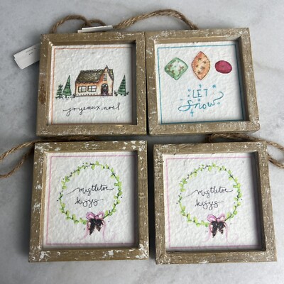 (4) Creative Co-Op Vintage Look Distressed Framed Ornaments Sayings Paper Pulp-image